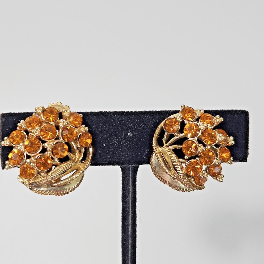 Vintage STAR Jewelry Company Orange Yellow Rhinestone Earrings Clip On